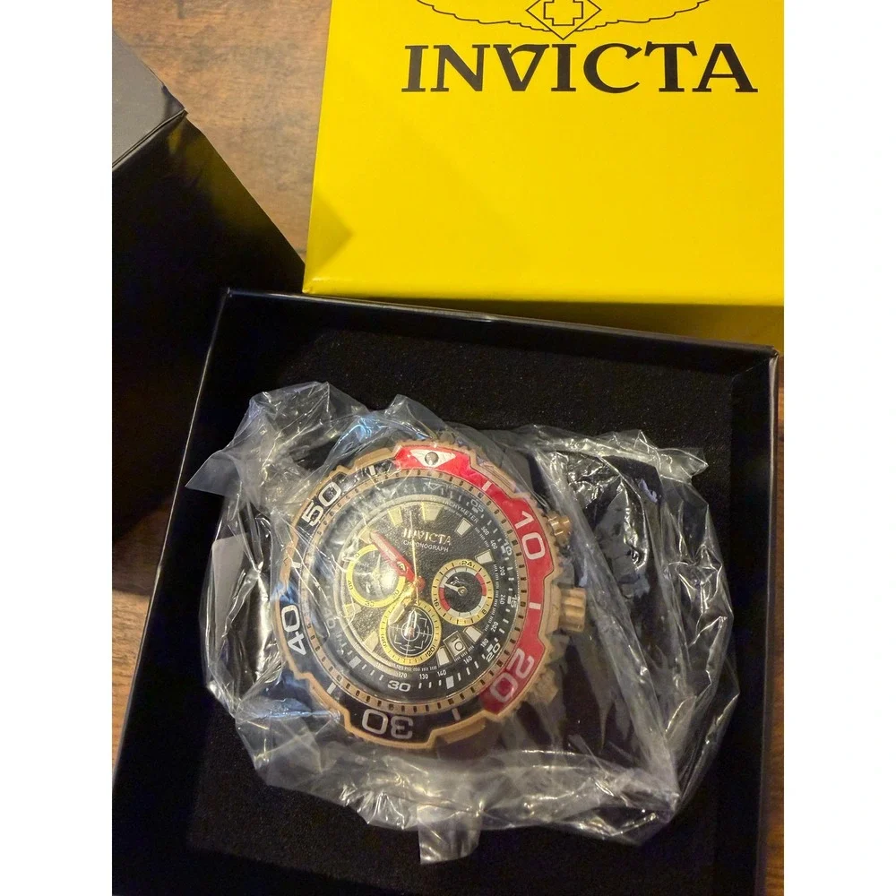 Invicta Chronograph Mens Watch Black Dial Red Bezel Gold Case New in Box
